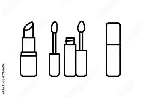 Lip care and makeup vector icon set. Outline illustration of lipstick, lip gloss tube, and applicator wand. Cosmetics, beauty product, and glamour concept for graphic design.