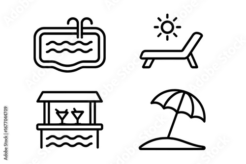 Luxury resort and summer vacation outline icon set. Vector symbols of infinity pool, sun lounger, swim-up bar, and beach umbrella for travel, tourism and relaxation.