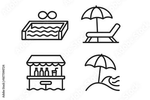 Luxury resort and summer vacation line icon set. Vector symbols of paradise travel, infinity pool, sun lounger, beach umbrella, and swim-up bar for relaxation and holiday.