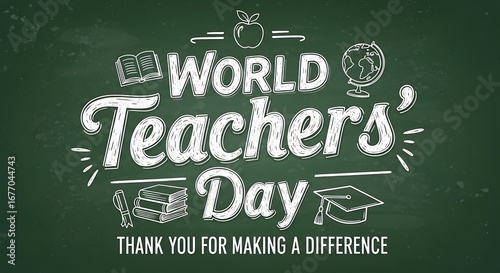 World teachers day lettering on a chalkboard background, with the message thank you for making a difference the design includes illustrations of an apple, globe, books, and graduation cap
