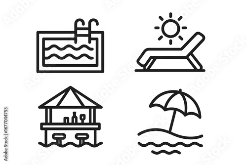 Luxury resort icon set. Summer vacation and travel symbols. Outline vector icons of infinity pool, sun lounger, swim-up bar, beach umbrella. Paradise holiday relaxation concept.