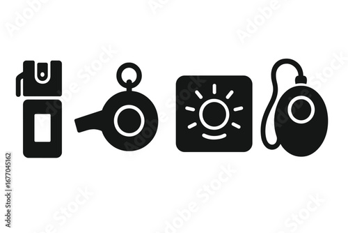 Personal safety icons set. Self defense equipment solid glyph icons. Vector collection of security devices like pepper spray, whistle, emergency panic button, personal alarm.