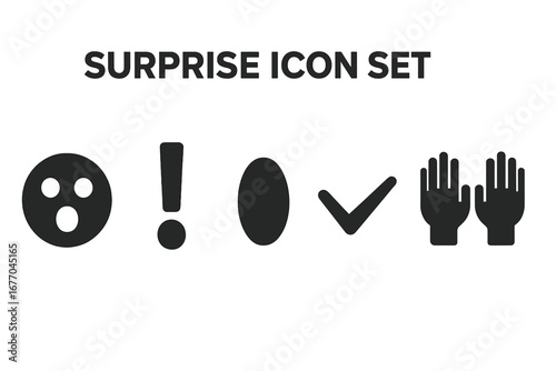 Surprise reaction icon set. Solid glyph icons of shocked face, open mouth, exclamation mark, and hands up. Emotion, expression, and astonishment vector pictogram collection.