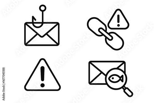 Phishing scam vector icon set. Outline symbols for cyber security, email spam, and internet fraud. Concepts of hacker attack, suspicious link, and data theft detection.