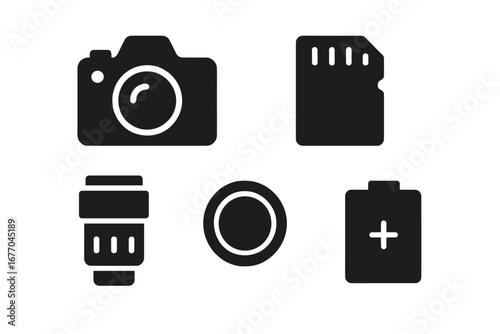 Camera gear solid icon collection. Photography vector glyphs. Digital SLR camera, lens, SD memory card, battery, and filter symbols. Photographer equipment silhouette graphic.