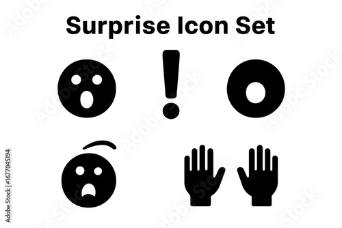 Vector icon set of surprise and shock emotions. Solid glyph collection with shocked face, open mouth, exclamation mark, raised eyebrow and hands. Amazement reaction.