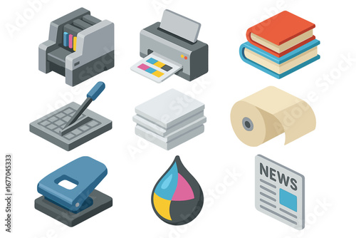 Printing and publishing isometric icon set. 3D vector symbols for print house, office, and typography. CMYK press, paper, book, newspaper, and industrial equipment icons.
