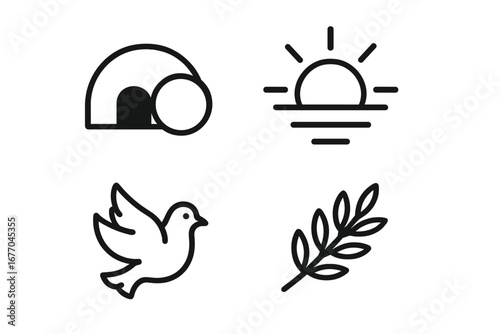 Christian symbols of redemption and hope icon set. Vector outline art of empty tomb, rising sun, dove, and olive branch. Easter resurrection and salvation concept illustration.