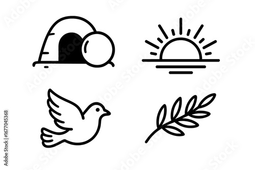 Christian symbols of redemption and hope icon set. Vector outline icons of empty tomb, resurrection, rising sun, dove of peace, holy spirit, and olive branch. Faith concept.