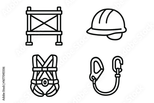 Scaffold safety outline icon set. Personal protective equipment for construction. Vector icons of hard hat, safety harness, lanyard. Fall protection, work at height concept.