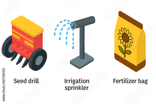 Sunflower farming isometric icon set. Agriculture tools including a seed drill, irrigation sprinkler, and fertilizer. Vector graphic for cultivation and agronomy industry concepts.