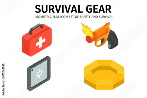 Survival gear isometric icon set. Safety and emergency equipment for adventure and disaster. First aid kit, flare gun, signal mirror, life raft. Vector illustration isolated.