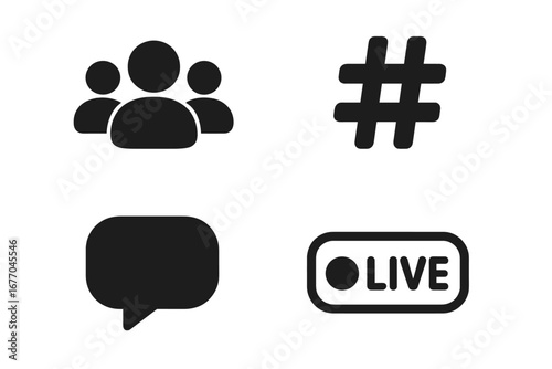 Social media solid glyph icon set. Followers group, hashtag symbol, comment bubble, live stream button. Vector elements for web, app, UI, UX design. Minimalist interface.