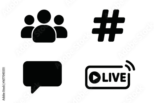 Social media icon set. Solid glyphs. Follower group, community, hashtag, comment bubble, live stream video button. Vector pictograms for web design, app, UI, UX interface.