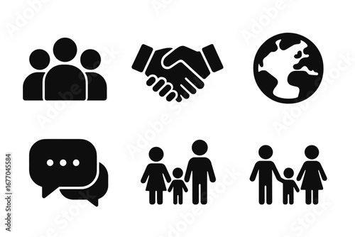 Society and community solid glyph icon set. People group, family, and handshake pictogram collection. Global communication and social interaction vector symbols for web and print.