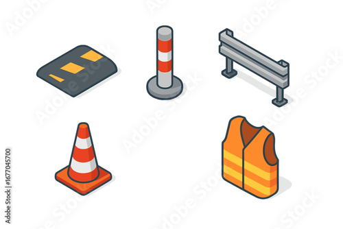Isometric street safety icon set. Vector graphics of speed bump, traffic cone, guardrail, bollard, and reflective vest. Road work and construction safety elements illustration.