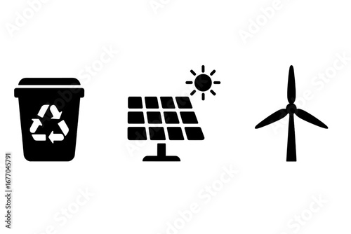 Sustainability icon set. Solid glyph icons for green energy and eco friendly concepts. Recycling bin, solar panel, and wind turbine symbols for corporate responsibility.