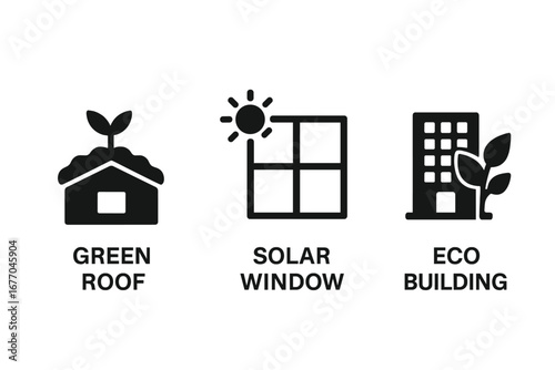 Sustainable architecture solid icon set. Green roof, solar window, and eco building vector icons. Renewable energy, eco-friendly construction and environment concept design.