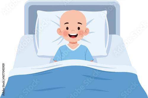 Brave young cancer patient smiling in a hospital bed child boy kid youth