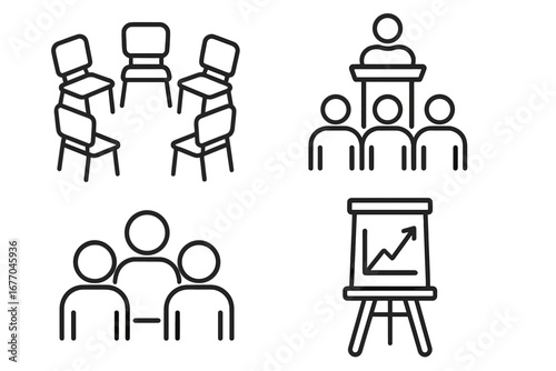 Therapy and business meeting outline icon set. Vector line icons for group therapy, presentation, lecture, teamwork, and growth. Psychology support group, facilitator and audience.