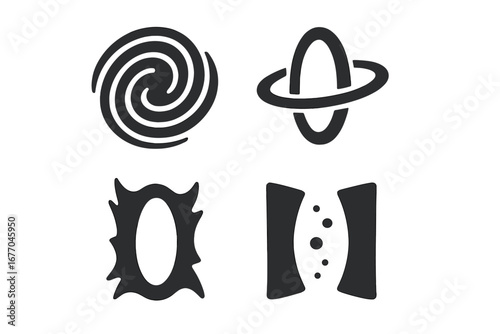 Time space portal icon set. Solid vector symbols of vortex, gate, spinning ring, time rift, dimensional fold. Abstract sci-fi fantasy elements for teleportation concept.