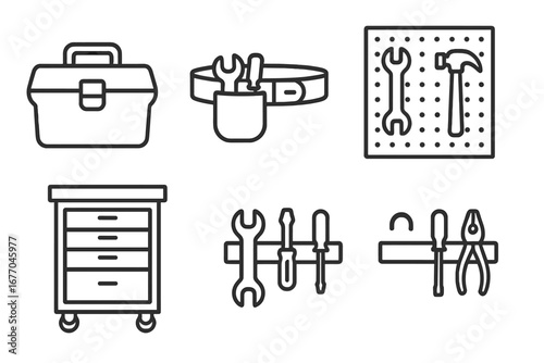 Tool storage solutions outline icon set. Vector symbols for workshop organization, toolbox, tool belt, pegboard, tool chest, tool rack, and magnetic holder. DIY concept.