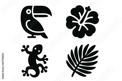 Tropical flora and fauna icon set. Solid filled glyph icons of toucan, hibiscus flower, gecko, and palm leaf. Vector illustration for summer, exotic, jungle, nature themes.