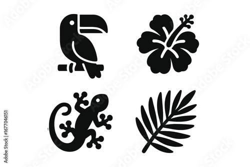 Tropical flora and fauna icon set. Black silhouette collection of exotic jungle animal and plant symbols. Vector illustration of a toucan, gecko, hibiscus flower, and palm leaf.