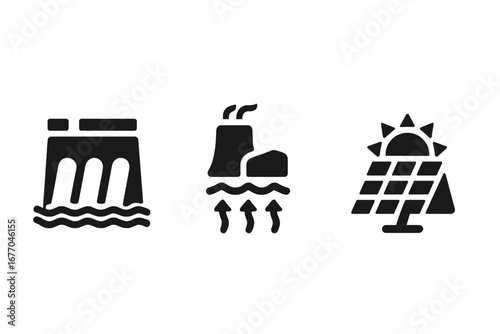 Sustainable energy vector icon set. Solid glyph pictograms of green power generation. Renewable resources like hydroelectric dam, geothermal plant and solar panels. Clean eco concept.