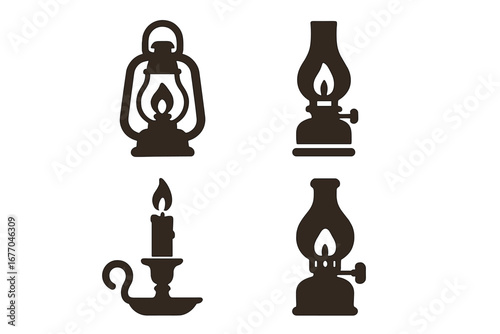 Vintage light fixtures icon set. Solid silhouette collection of old-fashioned oil and kerosene lamps, gas lantern, and candle holder. Retro lighting vector illustration.