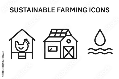 Sustainable farming vector icon set. Eco agriculture line symbols. Chicken coop, solar panel on barn, rainwater harvest. Organic farm, renewable energy, smart agriculture icons.