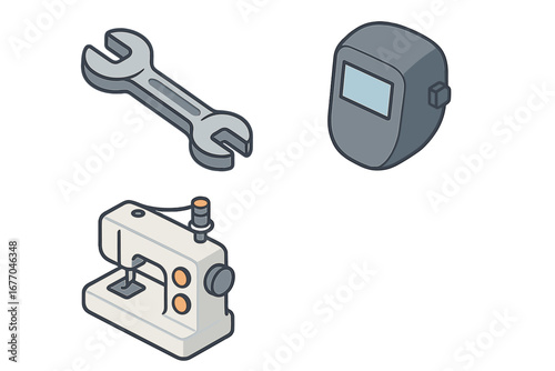 Vocational training vector icon set. Isometric graphics of a wrench, welding mask, and sewing machine. Technical education, trade school, and industrial career concept illustrations.