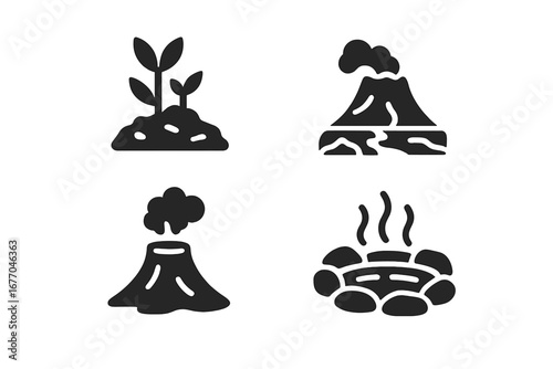 Volcanic ecology glyph icon set. Simple solid vector icons of volcano eruption, lava field, geothermal vent, hot spring, and pioneer plants. Geology & nature symbol collection.