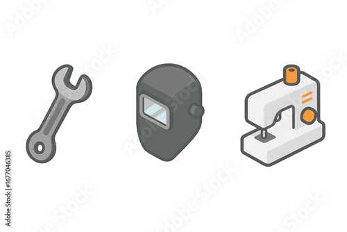 Vocational training and technical education icon set. Isometric icons of wrench, welding mask, sewing machine. Vector for job skills, career, profession, craft, labor, industry.