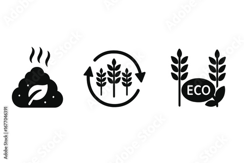 Sustainable farming icon set. Solid glyphs of compost pile, crop rotation, and eco label. Concepts for organic agriculture, environment, soil fertility, and recycling.