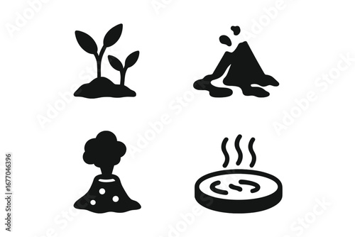 Volcanic ecology solid icon set. Vector glyph symbols of volcano eruption, lava field, geothermal vent, and hot spring. Pioneer plant and nature geology concept collection.