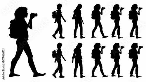 Silhouette of travelers with cameras and backpacks exploring scenic landscapes, travel photography