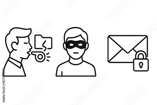 Whistleblower icon set. Outline icons for concepts of leaking confidential data, corporate espionage and secrets. Anonymous masked figure, secure email, information leak folder.