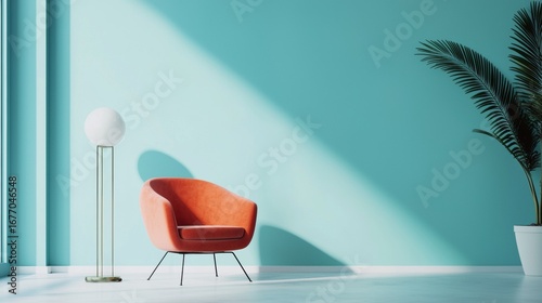 Modern minimal living room with orange chair and turquoise wall for stylish home interior concept