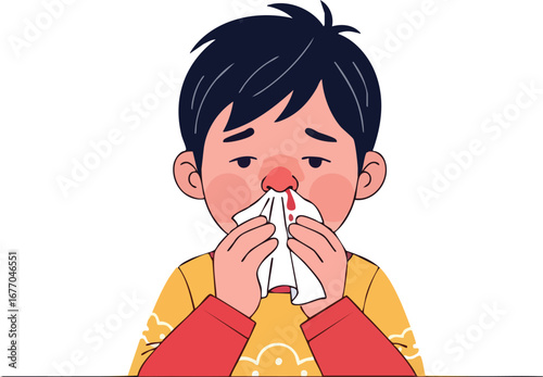 Child with nosebleed holding tissue bleeding blood sick illness  pediatric  nose accident  nose trauma  health  treatment