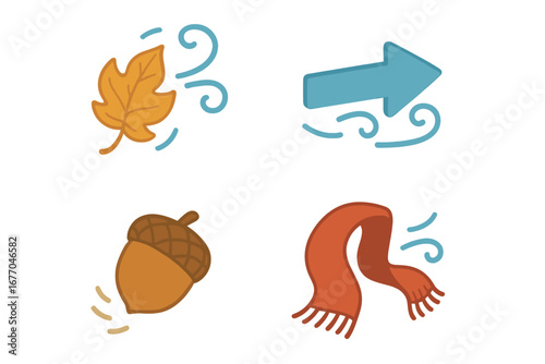 Autumn Windy Weather Vector Icon Set. Cartoon Falling Leaf, Swirling Wind Arrow, Falling Acorn, Flying Scarf. Seasonal Fall Elements, Isolated Clipart for Autumn Design, Weather Concept