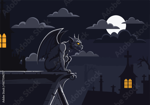 Mysterious Halloween Night A menacing gargoyle watches over the city under a moonlit sky, perfect for spooky celebrations and eerie designs