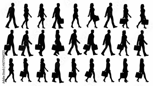 Dynamic group of business people walking with briefcases, conveying ambition and success in professional life