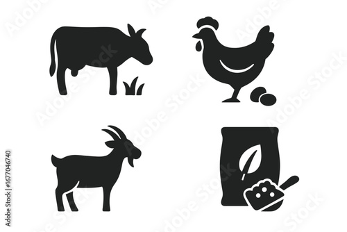 Sustainable farming icon set. Livestock and agriculture symbols. Vector glyphs of cow on pasture, free-range chicken, goat, and organic feed. Eco friendly farm animals.
