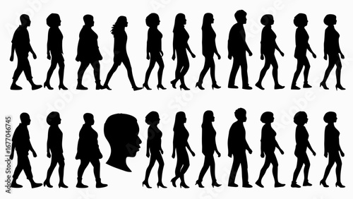 Dynamic crowd of diverse people walking forward together in silhouette, unified for social change or business success