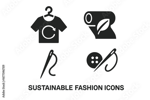 Sustainable fashion solid icon set. Slow fashion concept with secondhand shirt, eco fabric, and repair symbols. Vector icons for circular economy, recycling, and ethical living.