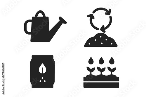 Sustainable gardening vector icon set. Solid glyph icons for eco friendly agriculture, farming, and horticulture. Includes compost, watering can, seeds, and plant growth.