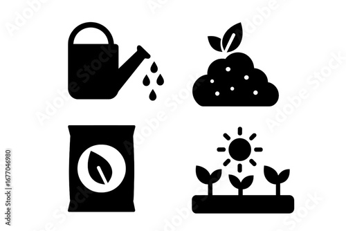 Sustainable gardening solid icon set. Vector glyphs for agriculture, organic farming, plant care. Concepts of growth, environment, eco friendly, horticulture, compost.