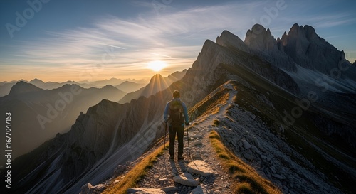 A hiker walks a mountain ridge at sunrise with mountain peaks in the background on a clear day