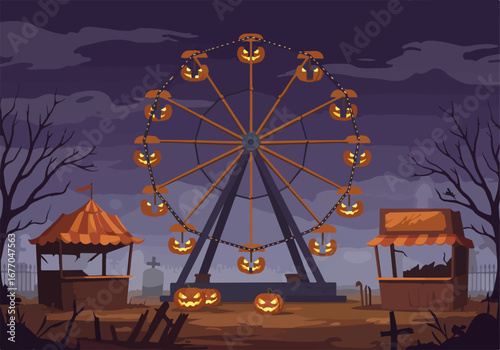 An Eerie Halloween Amusement Park Scene Unfolds at Dusk, Showcasing a Gigantic Ferris Wheel with Jack-o'-Lantern Carriages Amidst Spooky Trees and Gravestones